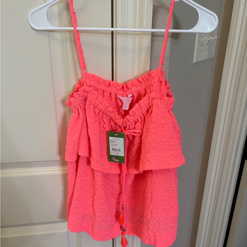 Lilly Pulitzer Neon Pink Textured Ruffle Tank Top